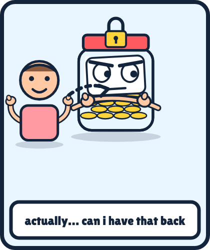 Panel two. The kid reaches back in and says: actually, can i have that back