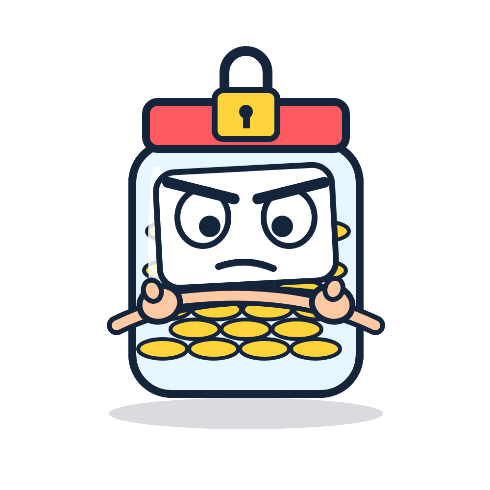Jarold, a grumpy cartoon jar with a padlocked lid, full of coins